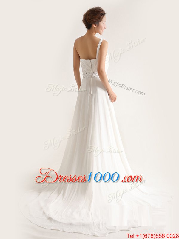 White One Shoulder Neckline Beading and Ruching Wedding Dresses Sleeveless Zipper