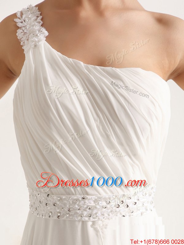 White One Shoulder Neckline Beading and Ruching Wedding Dresses Sleeveless Zipper