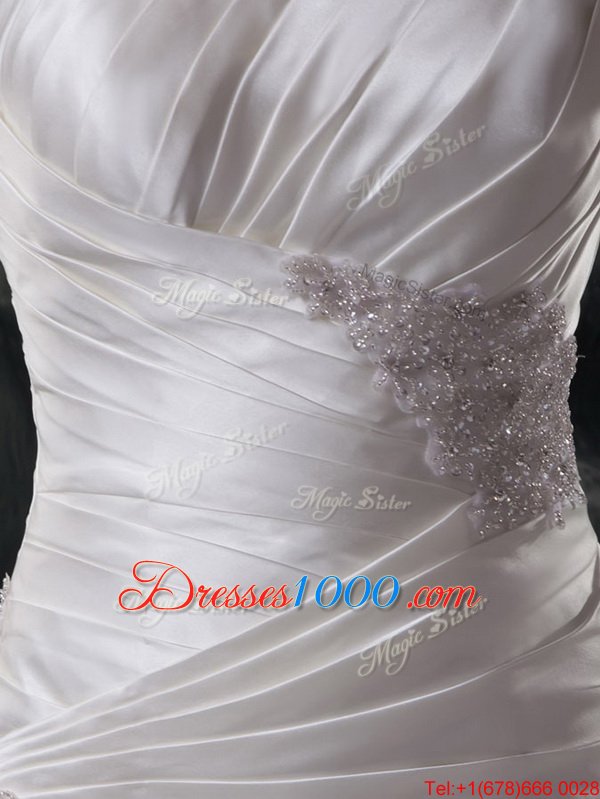 Luxurious White Lace Up Sweetheart Beading and Appliques Wedding Gown Organza Sleeveless Brush Train