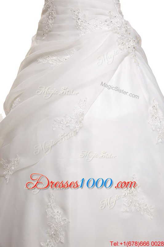 Luxurious White Lace Up Sweetheart Beading and Appliques Wedding Gown Organza Sleeveless Brush Train