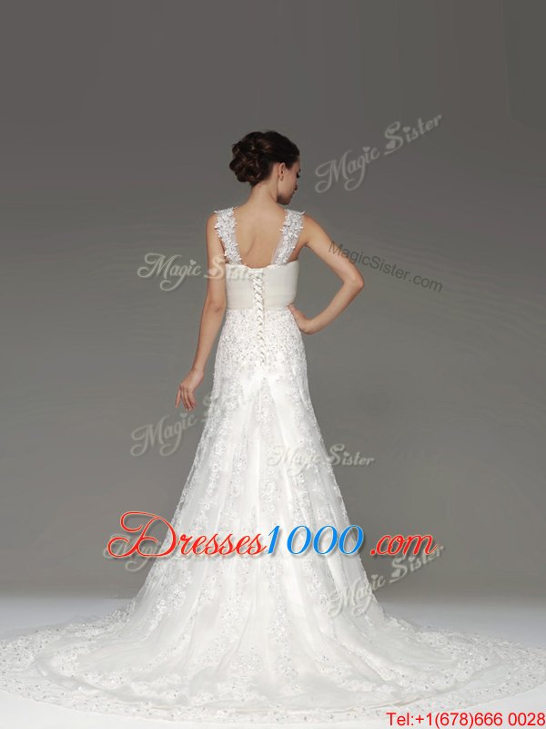 Dramatic Lace Up Wedding Gowns White and In for Wedding Party with Lace and Appliques Brush Train