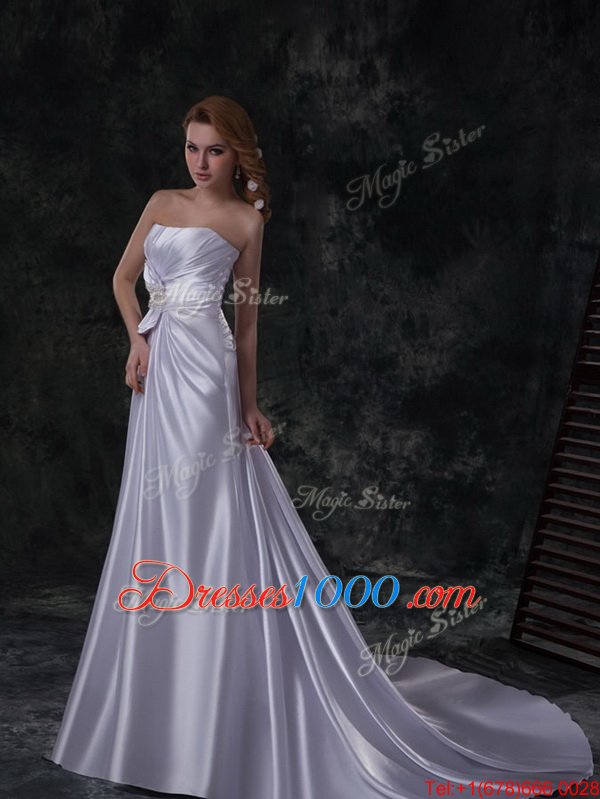 Stunning Silver Bridal Gown Wedding Party and For with Beading and Ruching and Bowknot Strapless Sleeveless Brush Train Lace Up