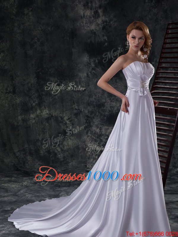 Stunning Silver Bridal Gown Wedding Party and For with Beading and Ruching and Bowknot Strapless Sleeveless Brush Train Lace Up