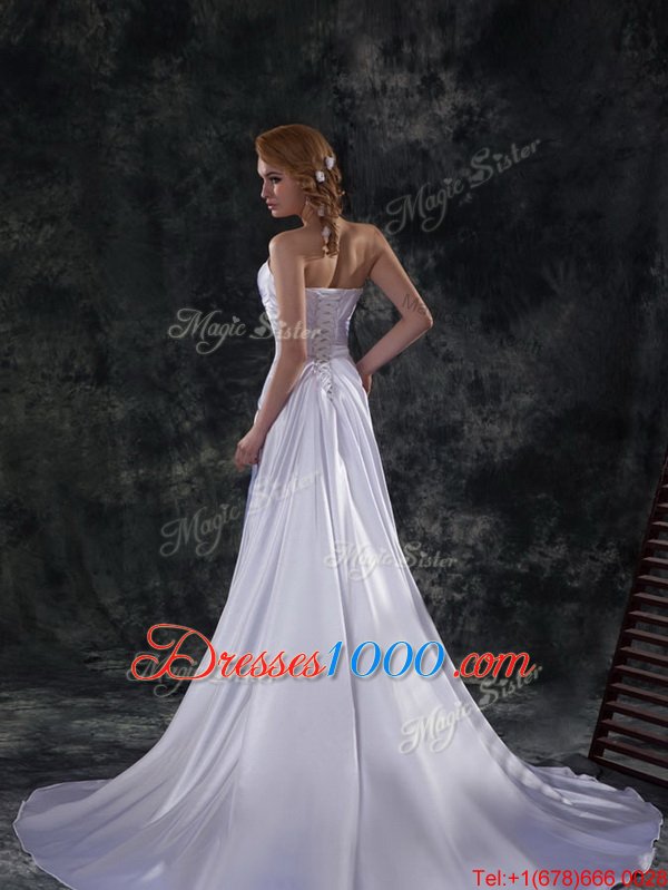 Stunning Silver Bridal Gown Wedding Party and For with Beading and Ruching and Bowknot Strapless Sleeveless Brush Train Lace Up