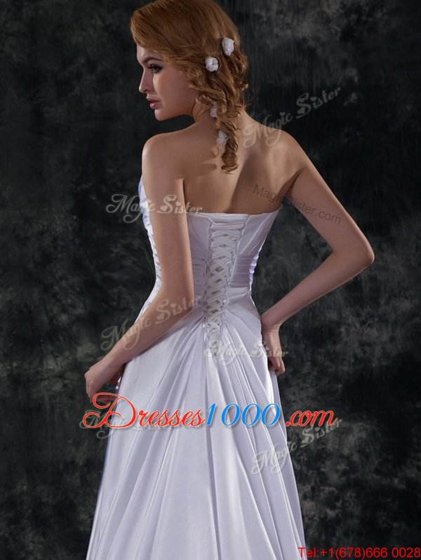 Stunning Silver Bridal Gown Wedding Party and For with Beading and Ruching and Bowknot Strapless Sleeveless Brush Train Lace Up