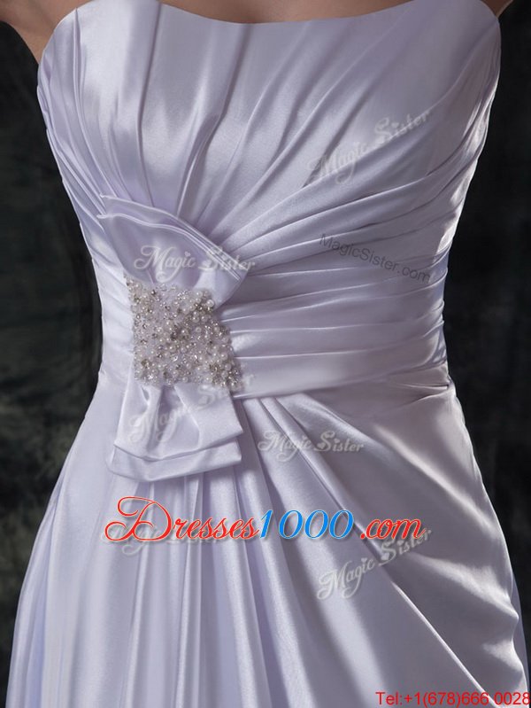 Stunning Silver Bridal Gown Wedding Party and For with Beading and Ruching and Bowknot Strapless Sleeveless Brush Train Lace Up