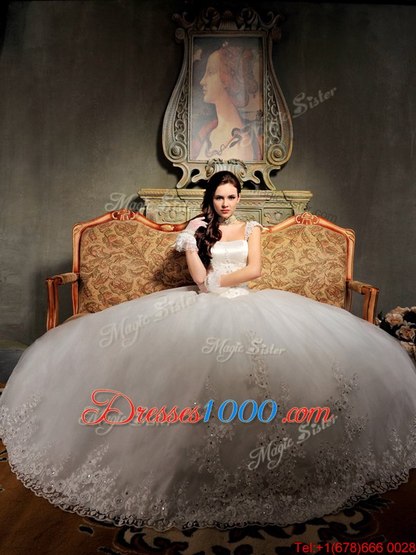 Custom Made White Cap Sleeves Brush Train Beading and Appliques With Train Wedding Dress