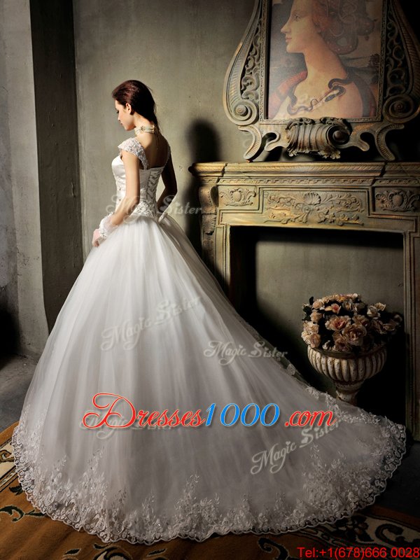 Custom Made White Cap Sleeves Brush Train Beading and Appliques With Train Wedding Dress