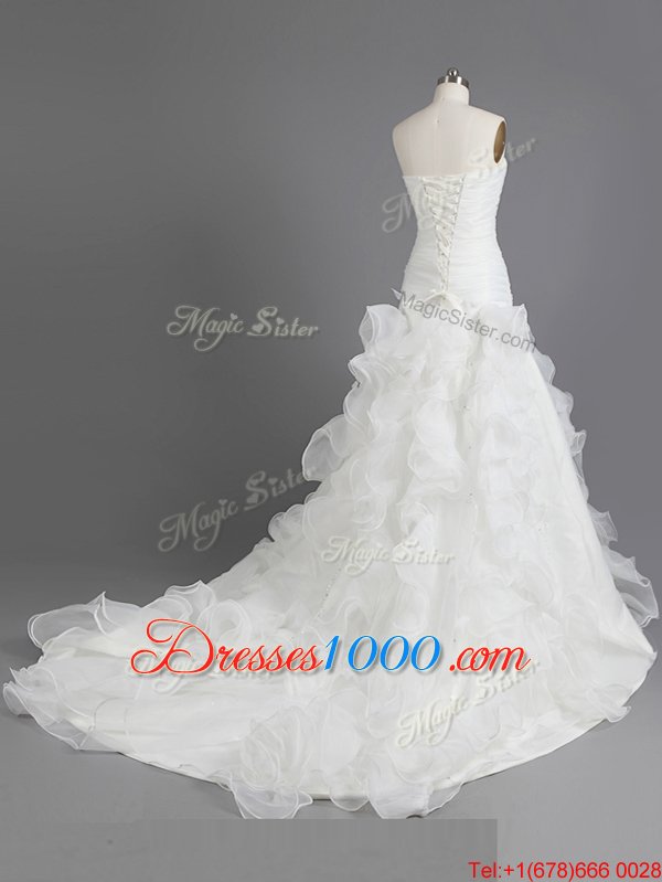 White Organza Lace Up Wedding Dress Sleeveless With Train Court Train Beading and Ruffles