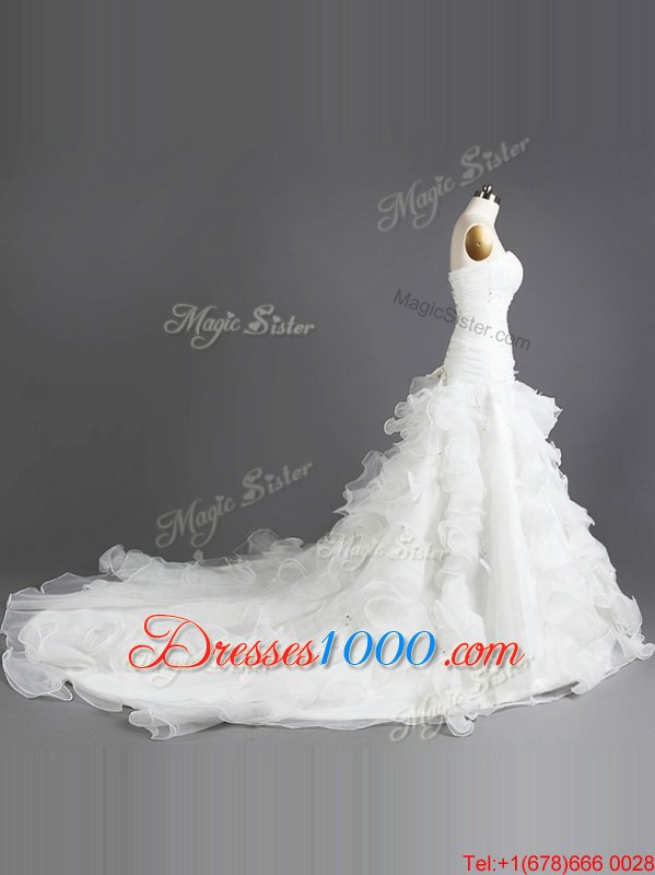 White Organza Lace Up Wedding Dress Sleeveless With Train Court Train Beading and Ruffles