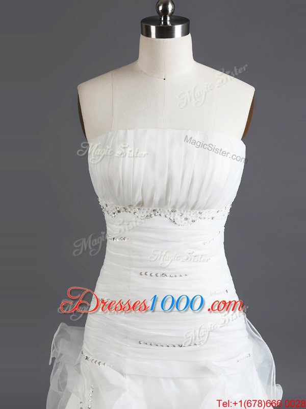 White Organza Lace Up Wedding Dress Sleeveless With Train Court Train Beading and Ruffles