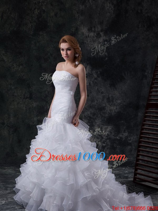 Fancy White Lace Up Wedding Gown Lace and Appliques Cap Sleeves With Train Chapel Train