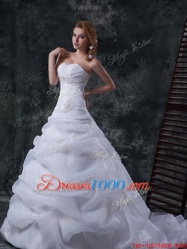 Noble White Strapless Neckline Beading and Pick Ups Wedding Gowns Sleeveless Lace Up