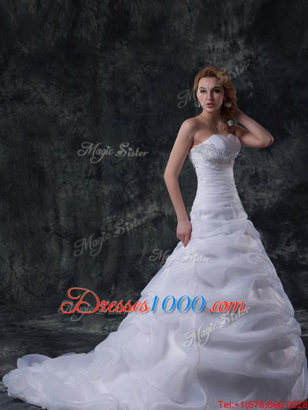 Noble White Strapless Neckline Beading and Pick Ups Wedding Gowns Sleeveless Lace Up