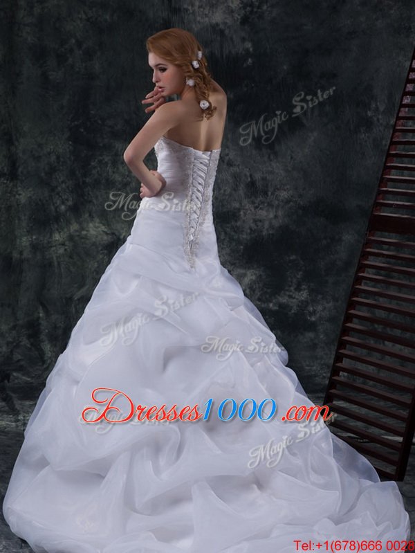 Noble White Strapless Neckline Beading and Pick Ups Wedding Gowns Sleeveless Lace Up