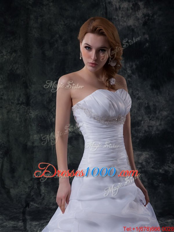 Noble White Strapless Neckline Beading and Pick Ups Wedding Gowns Sleeveless Lace Up