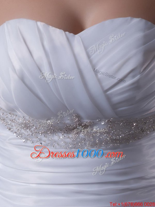 Floor Length White Wedding Dress Sweetheart Sleeveless Brush Train Lace Up