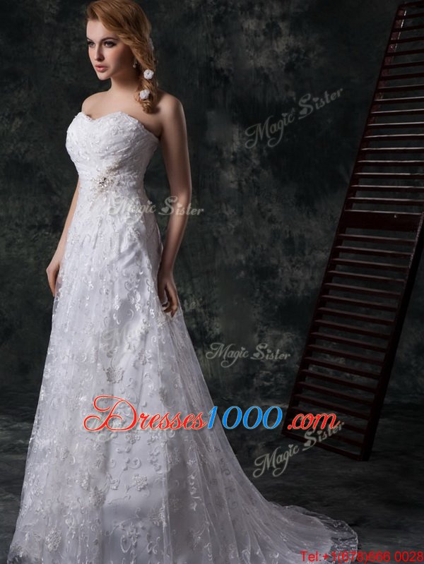 Mermaid Floor Length White Wedding Dresses Sweetheart Sleeveless Brush Train Zipper