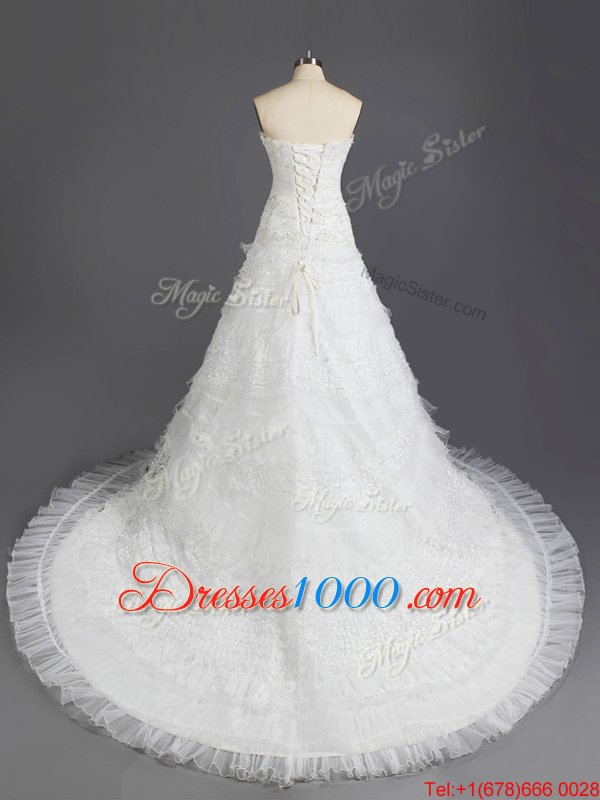 Most Popular With Train White Wedding Dresses Organza Court Train Sleeveless Beading and Appliques and Ruffled Layers