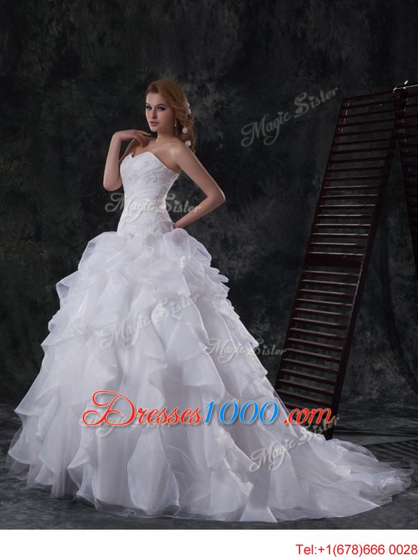 Enchanting Sleeveless With Train Beading and Appliques and Ruffles Lace Up Wedding Gowns with White Brush Train