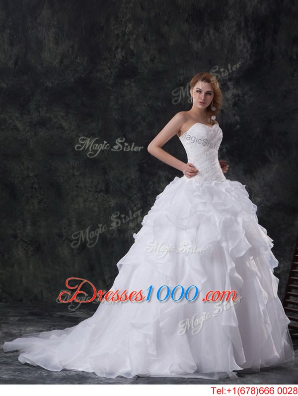 Enchanting Sleeveless With Train Beading and Appliques and Ruffles Lace Up Wedding Gowns with White Brush Train