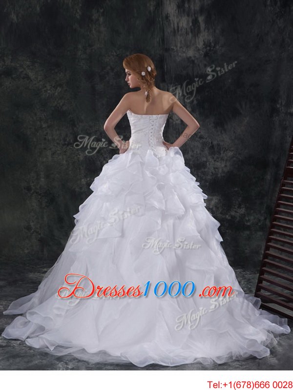 Enchanting Sleeveless With Train Beading and Appliques and Ruffles Lace Up Wedding Gowns with White Brush Train
