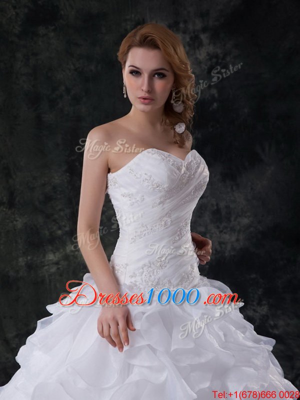 Enchanting Sleeveless With Train Beading and Appliques and Ruffles Lace Up Wedding Gowns with White Brush Train