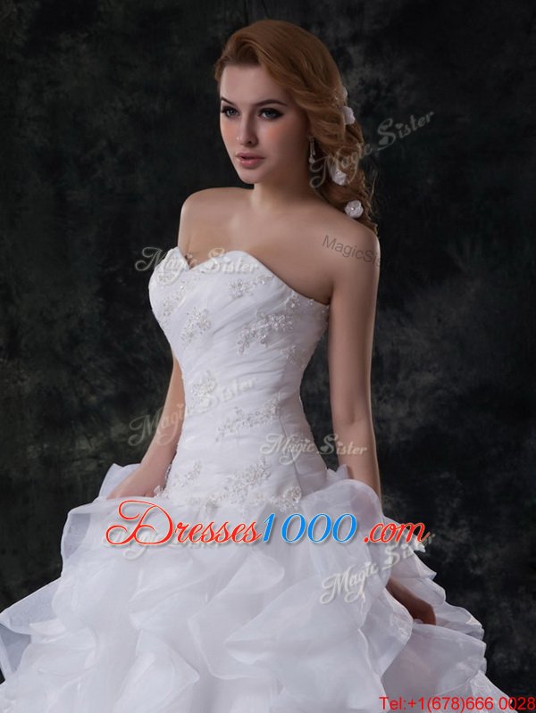 Enchanting Sleeveless With Train Beading and Appliques and Ruffles Lace Up Wedding Gowns with White Brush Train