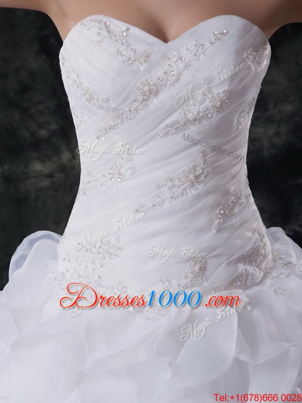 Enchanting Sleeveless With Train Beading and Appliques and Ruffles Lace Up Wedding Gowns with White Brush Train