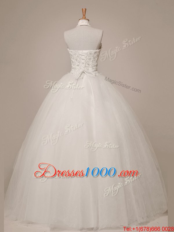 Pretty Halter Top Sleeveless Lace Up Wedding Dress White Tulle