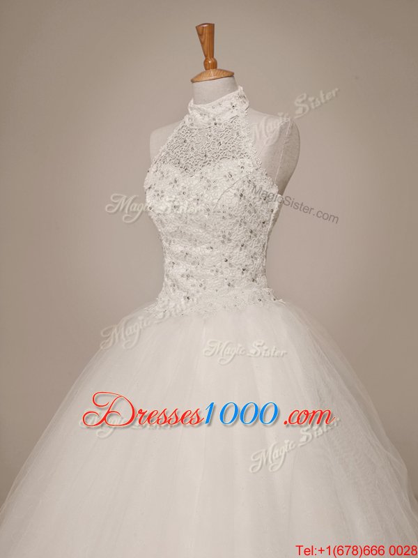 Pretty Halter Top Sleeveless Lace Up Wedding Dress White Tulle