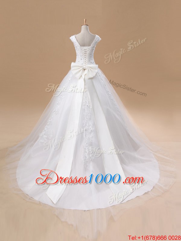 With Train White Wedding Dress Tulle Court Train Sleeveless Beading and Appliques and Bowknot