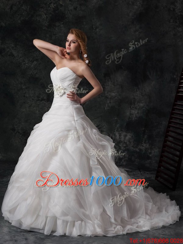 Elegant V-neck Sleeveless Bridal Gown Brush Train Ruffled Layers and Hand Made Flower White Organza