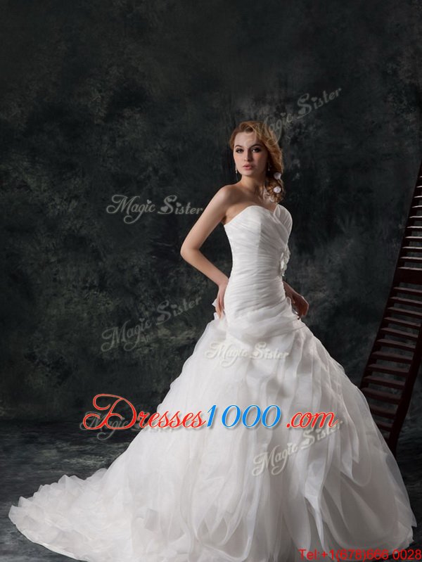 Elegant V-neck Sleeveless Bridal Gown Brush Train Ruffled Layers and Hand Made Flower White Organza
