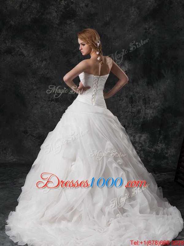 Elegant V-neck Sleeveless Bridal Gown Brush Train Ruffled Layers and Hand Made Flower White Organza