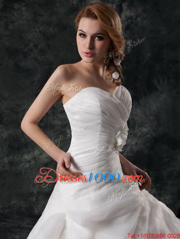 Elegant V-neck Sleeveless Bridal Gown Brush Train Ruffled Layers and Hand Made Flower White Organza