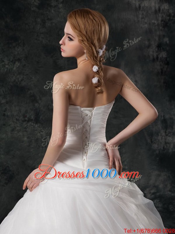 Elegant V-neck Sleeveless Bridal Gown Brush Train Ruffled Layers and Hand Made Flower White Organza
