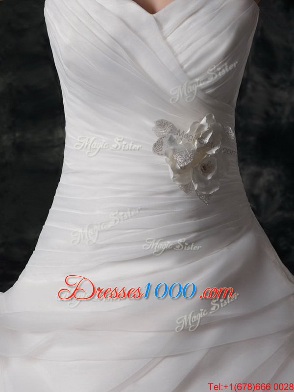 Elegant V-neck Sleeveless Bridal Gown Brush Train Ruffled Layers and Hand Made Flower White Organza