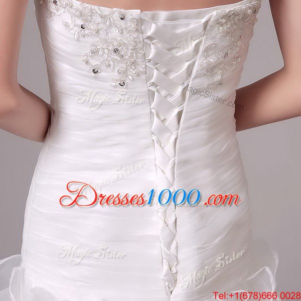 Cheap Court Train Column/Sheath Wedding Gown White Strapless Organza Sleeveless With Train Lace Up