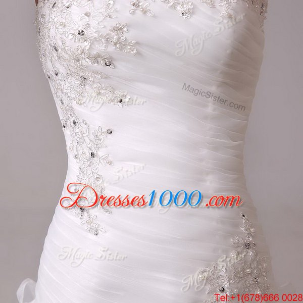 Cheap Court Train Column/Sheath Wedding Gown White Strapless Organza Sleeveless With Train Lace Up