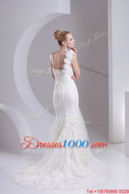 Fitting Strapless Sleeveless Court Train Lace Up Bridal Gown White Lace