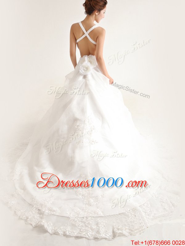 Captivating Lace Sleeveless With Train Wedding Dresses Brush Train and Lace and Appliques and Hand Made Flower
