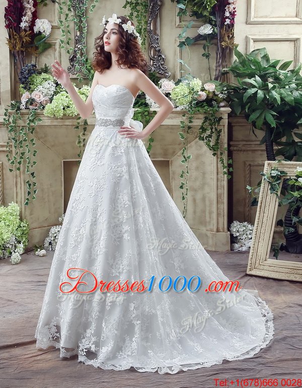Sweetheart Sleeveless Court Train Lace Up Wedding Dresses White Tulle