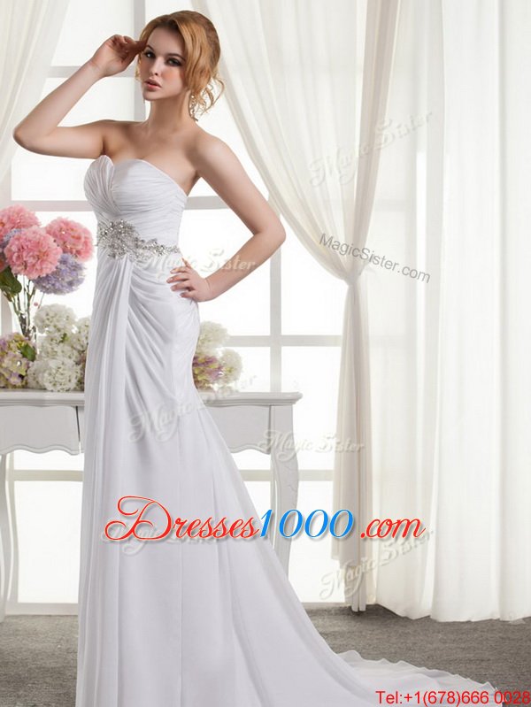 Cap Sleeves Tulle With Train Chapel Train Backless Bridal Gown in White for with Beading and Ruffles