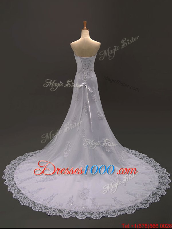 Dramatic Sleeveless Brush Train Lace Up With Train Beading and Lace and Appliques and Bowknot Bridal Gown