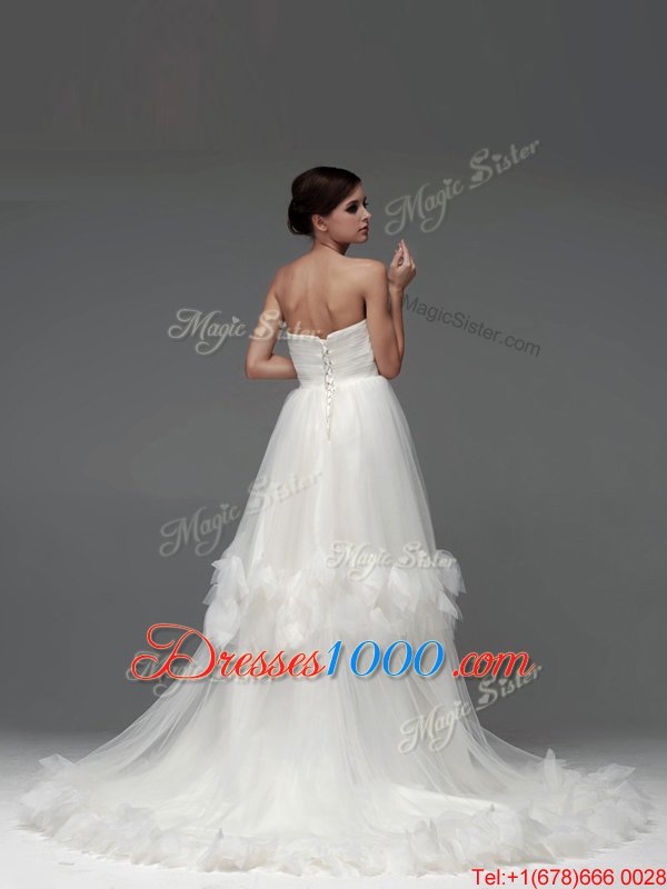 Fitting Tulle Sleeveless With Train Wedding Dresses Brush Train and Ruffled Layers and Ruching