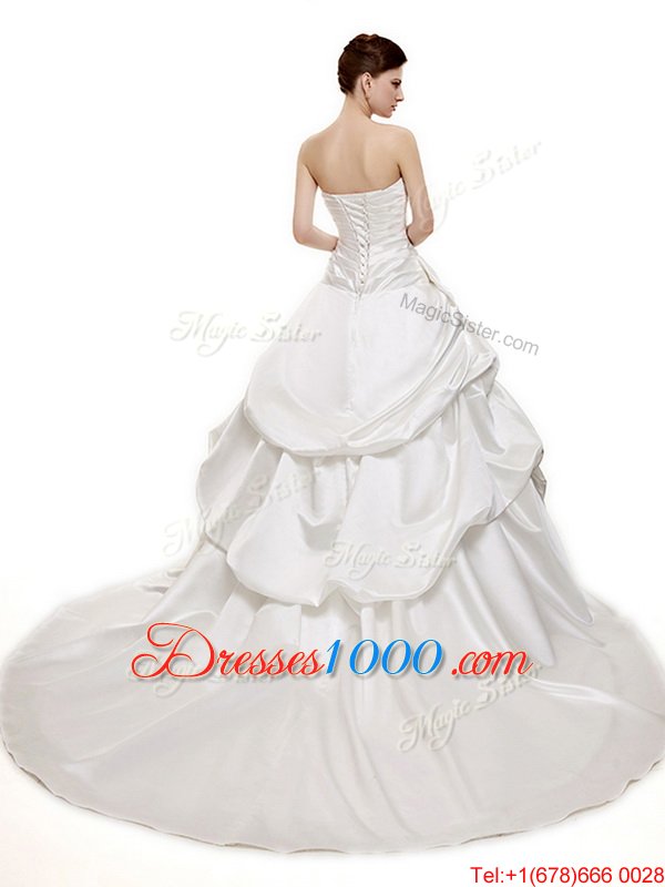 Beading and Pick Ups Wedding Gowns White Lace Up Sleeveless With Train Chapel Train