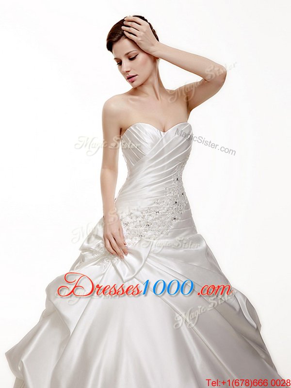 Beading and Pick Ups Wedding Gowns White Lace Up Sleeveless With Train Chapel Train