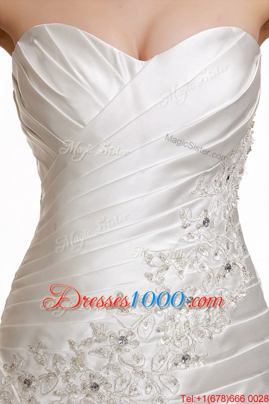 Beading and Pick Ups Wedding Gowns White Lace Up Sleeveless With Train Chapel Train