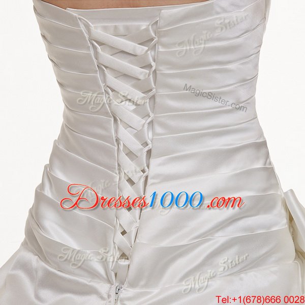 Beading and Pick Ups Wedding Gowns White Lace Up Sleeveless With Train Chapel Train